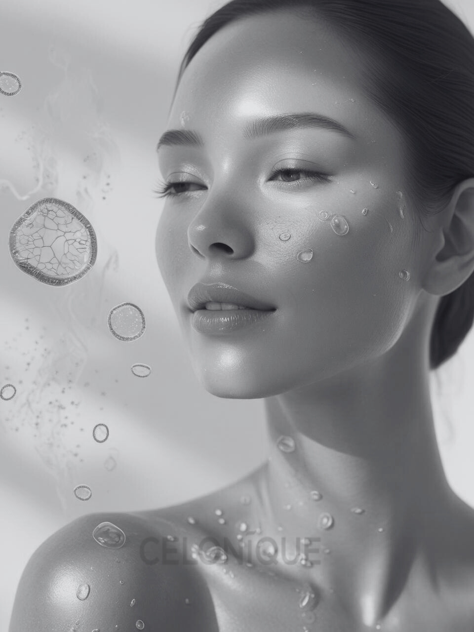 Nahaufnahme eines weiblichen Gesichts mit glatter, strahlender Haut und Wassertropfen, umgeben von mikroskopischen Zellstrukturen. Symbolisiert feuchtigkeitsspendende, biotechnologische Hautpflege von CELONÍQUE.